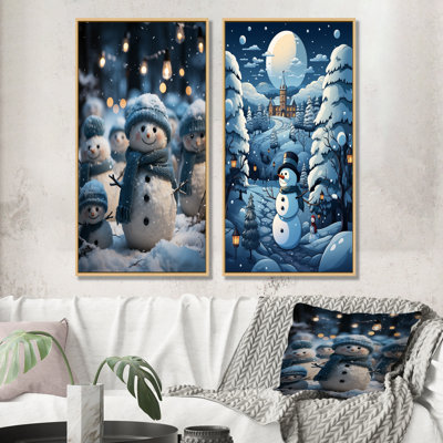 Ensemble de salon mural bleu et blanc avec bonhomme de neige givré I - paysage d'hiver