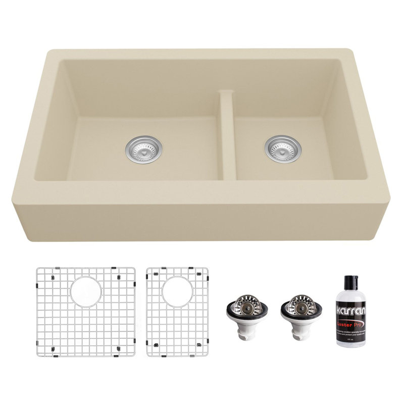 Karran Quartz 34'' X 21-1/4'' Double Bowl 60/40 Retrofit Farmhouse/Apron Front Kitchen Sink Kit, Bisque