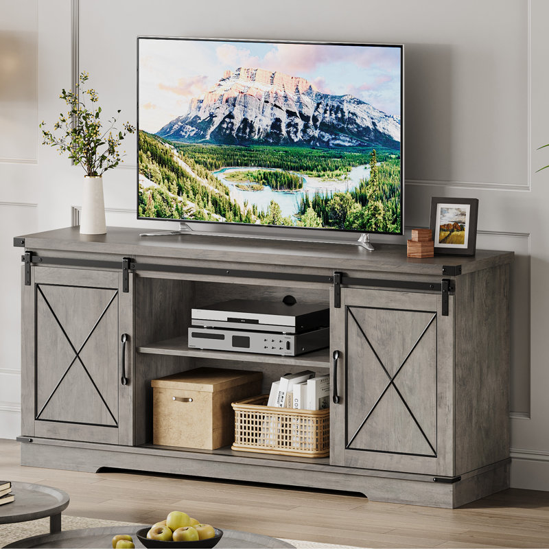 Farmhouse TV Stand for TVs Up to 65", Rustic Entertainment Center with Sliding Barn Doors, Storage Cabinets & Adjustable Shelf, Media Console for Living Room, Bedroom