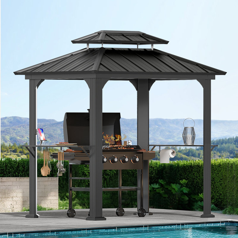 Astoria 8 FT. W x 6 FT. D Aluminum Patio Hardtop Grill Gazebo with Chaging Socket and Kitchen Utensil Hooks, Matte Black
