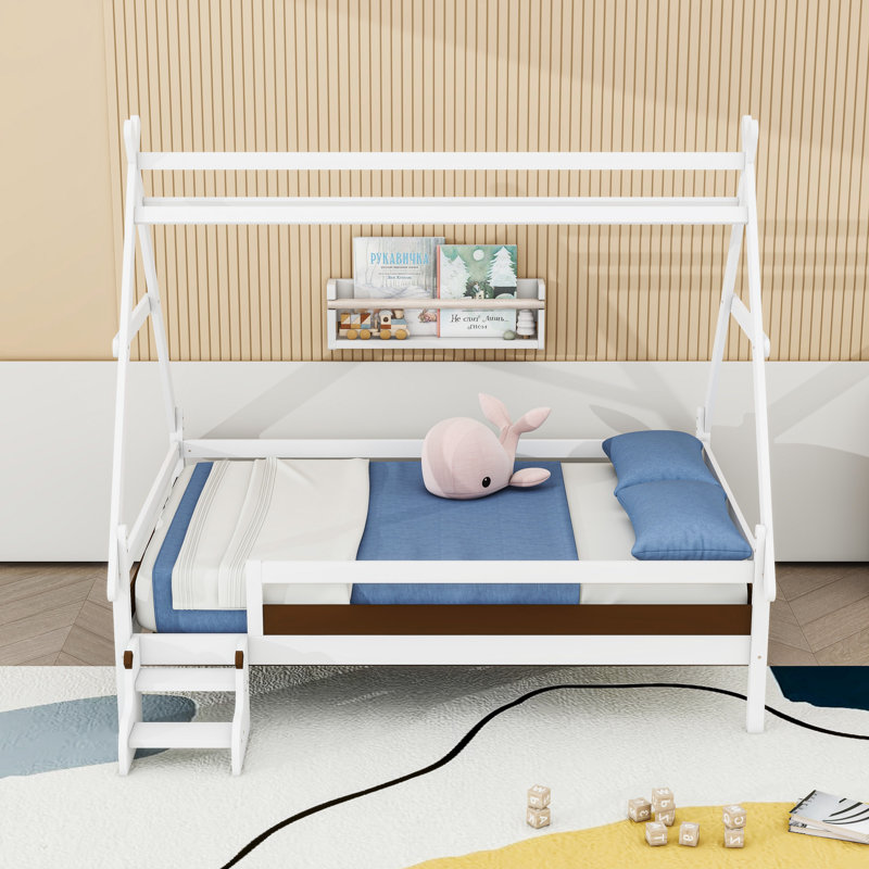 House Platform Bed With Stairs, Full, White