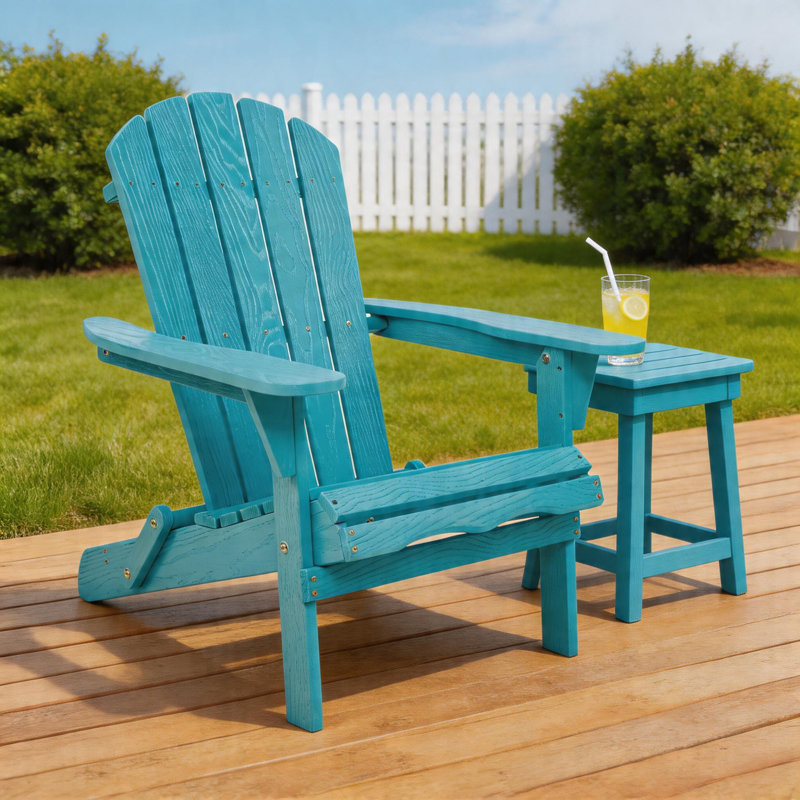 Set of 2 Solid Wood Folding Adirondack Chairs, Outdoor Lounge Patio Chairs for Garden, Lawn & Backyard, Turquoise Blue