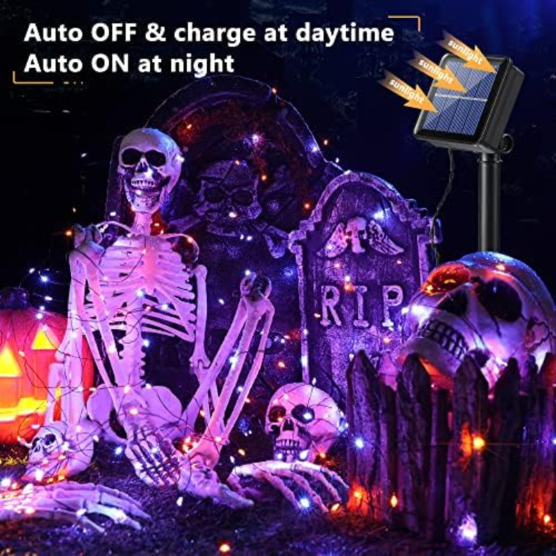 Orange & Purple Halloween Lights, 2 Pack Total 78FT 240 LED Solar Halloween Fairy Lights, 8 Modes Outdoor Orange Fairy Light, Purple Twinkle Light String Black Wire Outside Spooky Decorations