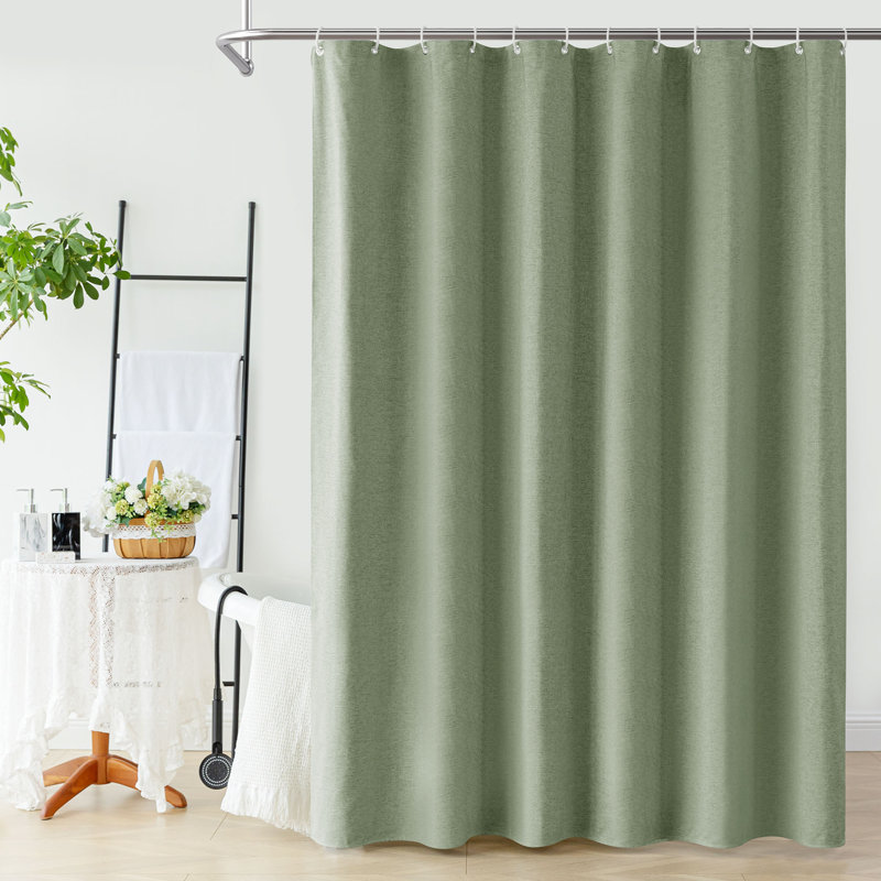 Ensemble de rideau de douche et crochets en lin texturé, Sauge