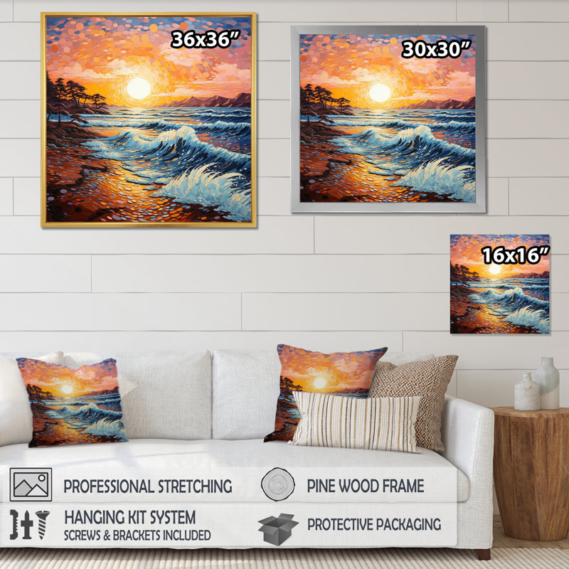 Beach Golden Sands Pointillism II, H 16 po x l 16 po x P 1 po, Cadre flottant doré