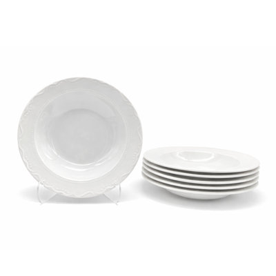 Soup Bowl Pasta Plate 6pc Set Porcelain White Embossed Floral Dot Rim