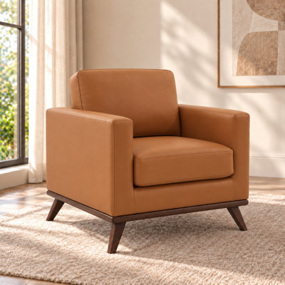 Fauteuil d'appoint Khadeshia en cuir, style moderne du milieu du siècle – Structure en bois de bouleau massif, mousse haute densité et ressorts ensachés, capacité de charge de 136 kg (300 lb), idéal pour le salon, la chambre ou un bureau de direction.