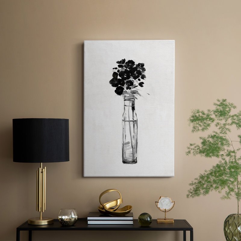 Noir et blanc sophistiqué floral I - galerie Cavas enveloppé, H 18 po x l 12 po
