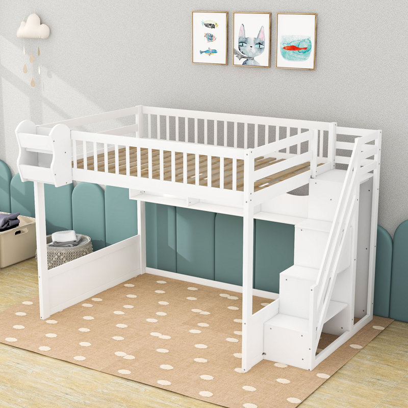 Queen Loft Bed with Integrated Wardrobe and Storage Shelves, White