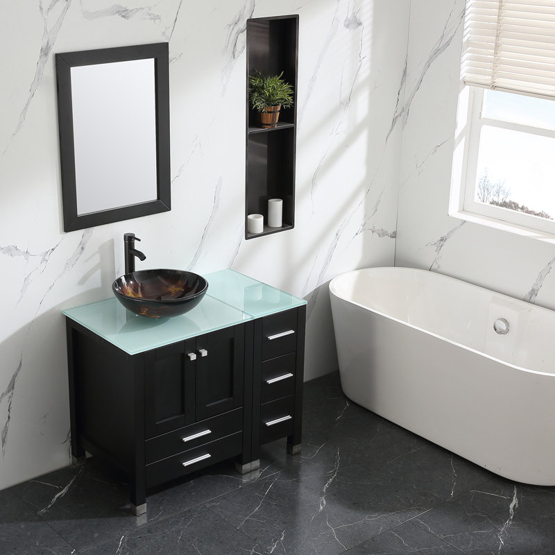 Ensemble de meuble-lavabo simple 37 "avec miroir, Noir, Brun; ambre