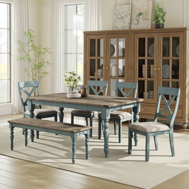Cierra Four Leg Dining Set, 6 Pieces: 1 Table, 4 Chairs, Bench, Blue