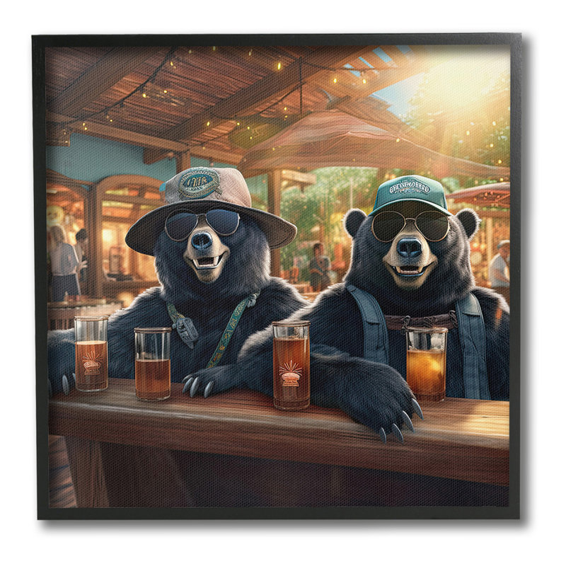 «Dr potable Bears at Bar», estampe numérique par Jim Baldwin, Giclée encadrée noir minuit, H 12 po x l 12 po