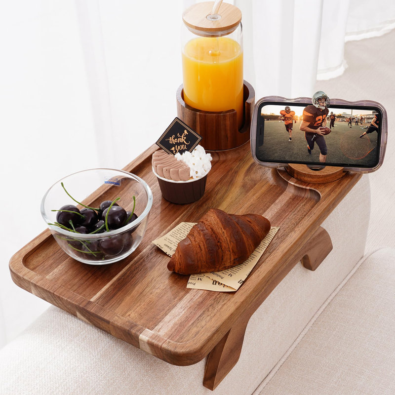 Plateau porte-gobelet pour canapé, table de bout en bois d'acacia 3 en 1 avec support pour téléphone pivotant à 360 ° sur l'accoudoir