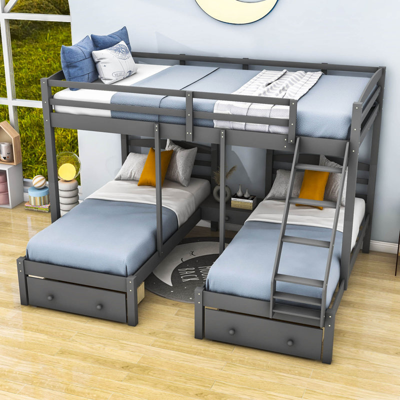 Full Over Twin & Twin 3 Drawer L-Shaped Bunk Beds