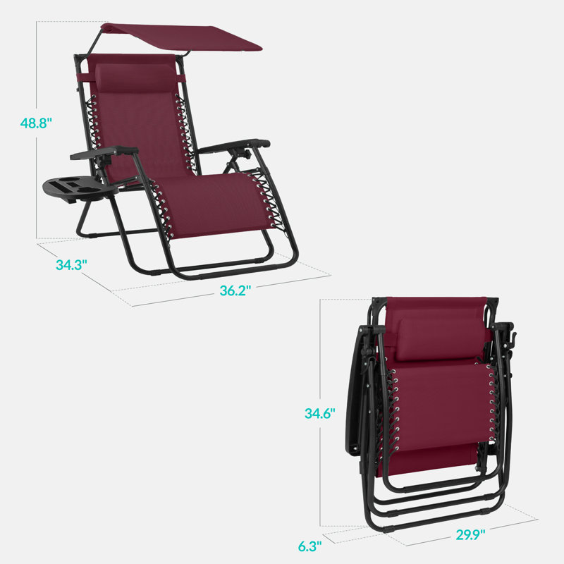  30" Extra Wide Folding Zero Gravity Patio Lounge Chair W/Adjustable Canopy Shade - Burgundy, Burgundy