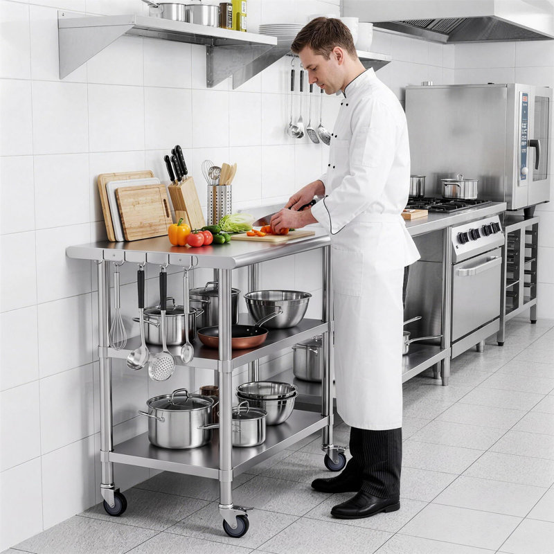 Table de préparation à 3 niveaux en acier inoxydable avec roulettes et crochets, 61 cm L x 76 cm P, tablettes réglables, table de travail roulante pour cuisine professionnelle