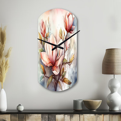 Red Magnolia Symphony - Magnolias Asymmetrical Metal Wall Clock, Traditional Cylinder Wall Clock Print