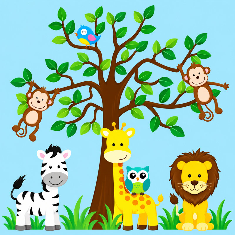 Décalcomanie murale jungle, arbre, giraffe et safari de la chambre d’enfant, Schéma B