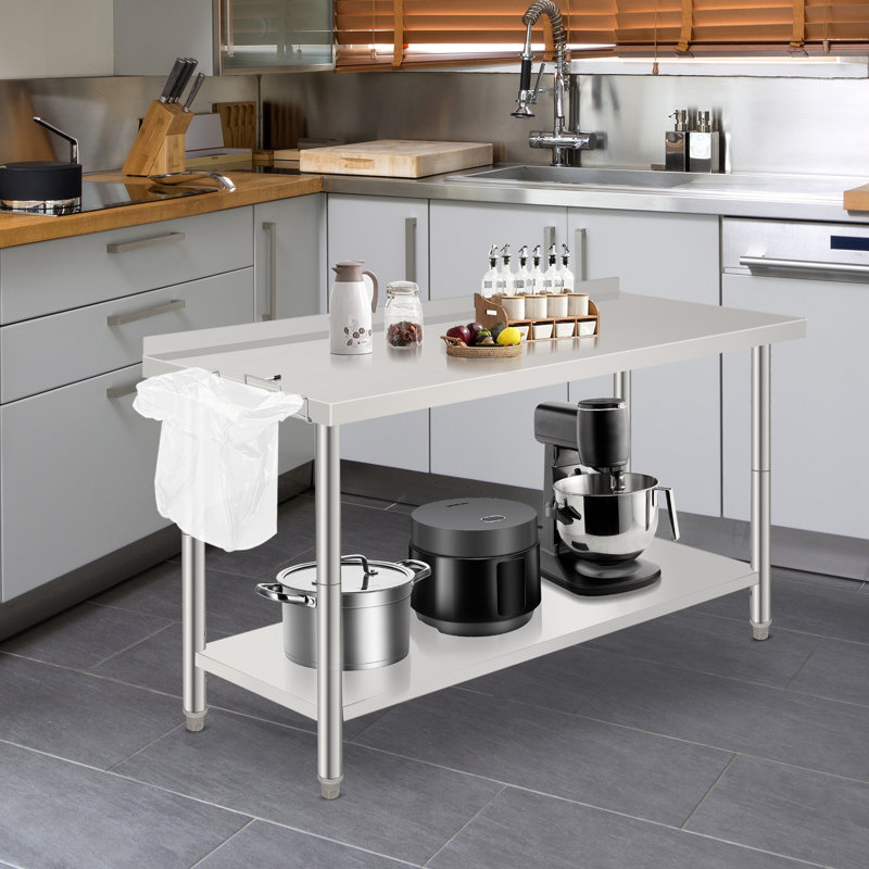 Table de travail en acier inoxydable de 60 po x 24 po x 35 po avec double tablette, station de préparation robuste pour la cuisine, le restaurant ou le garage