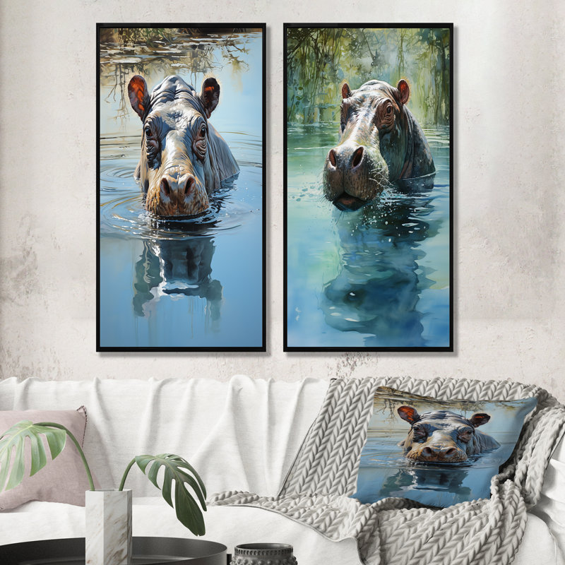 Gris puissant Hippo Waters Reflect I - Hippopotamus, ensemble de 2 reproductions d'art mural, Cadre flottant noir
