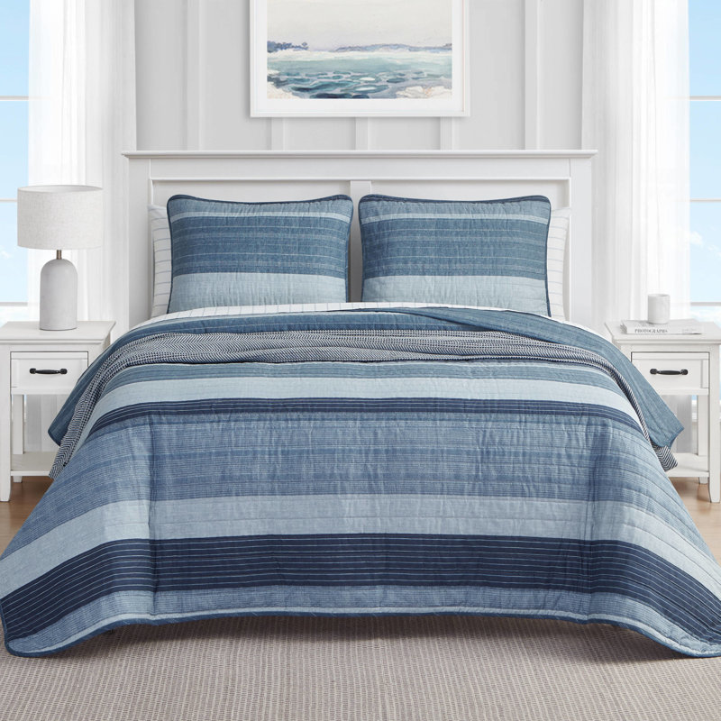 Nautica Ridgeport Cotton Reversible Quilt Set, King Quilt + 2 King Shams, Medium Blue Striped