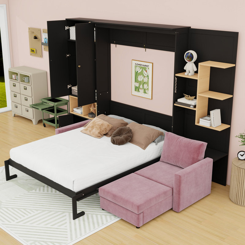 Grand lit escamotable avec canapé surdimensionné intégré et tablettes multiples, Noir