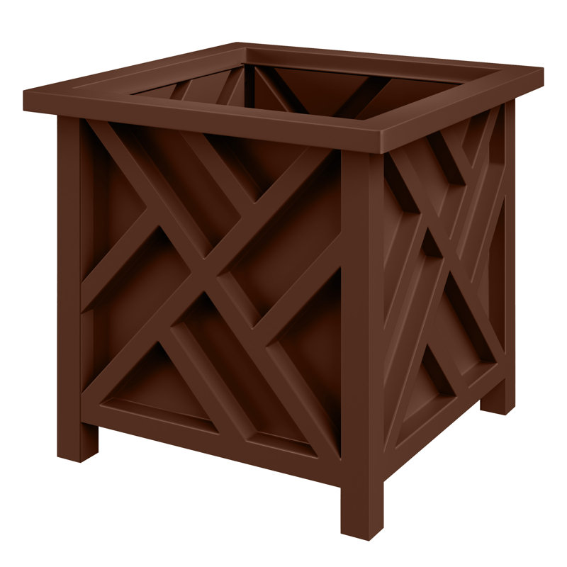Calista 15.5" Lattice Design Planter Box - 16.5” Tall Square Decorative Outdoor Flower or Plant Pot, Brown