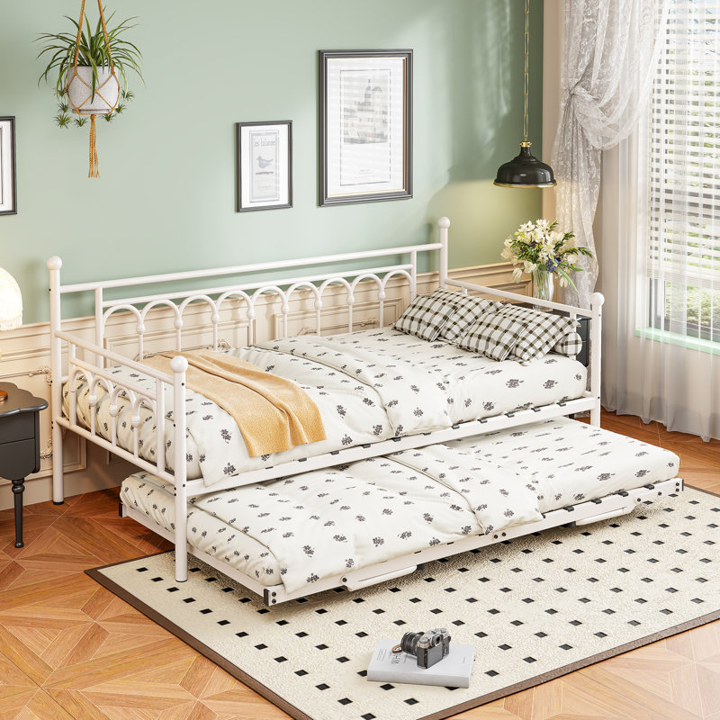 Rackers Twin Steel Metal Day Bed with Pop Up Trundle And Storage Bag, White
