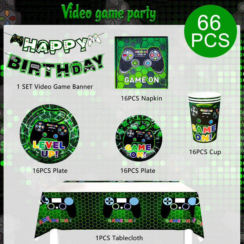 Video Game Party Supplies,66pcs Video Game Party Tableware