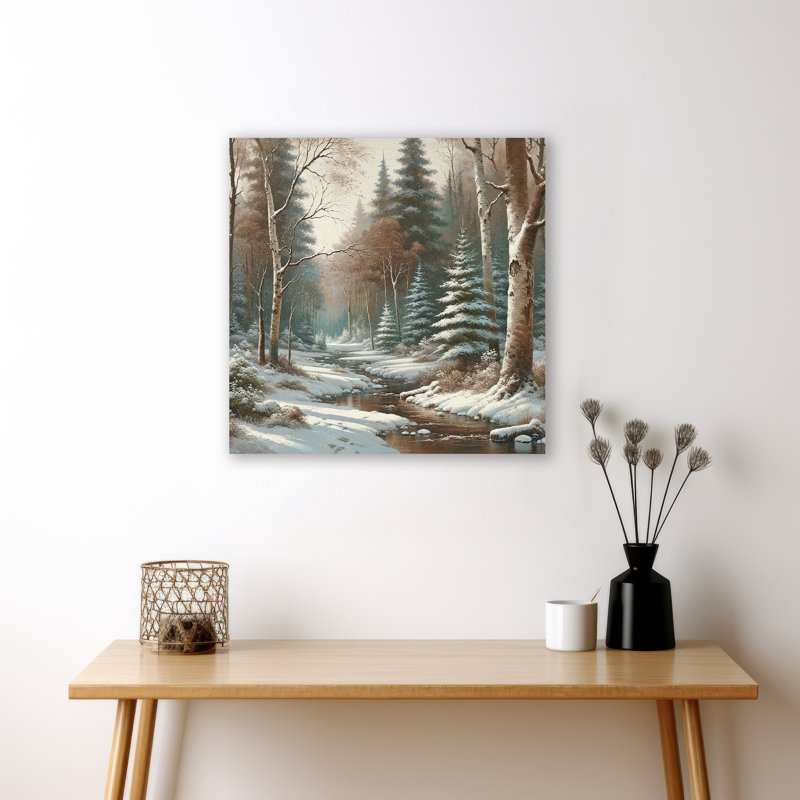 «Whispering Pines: Serene Snow-Covered River» sur toile, H 20 po x l 20 po x P 1,5 po