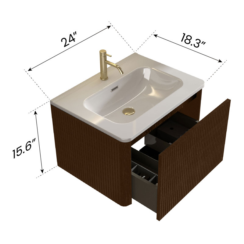 Alessandria Wall Mounted Single Bathroom Vanity with Ceramic Top with Side Cabinet , Brushed Black Oak/White, 24"