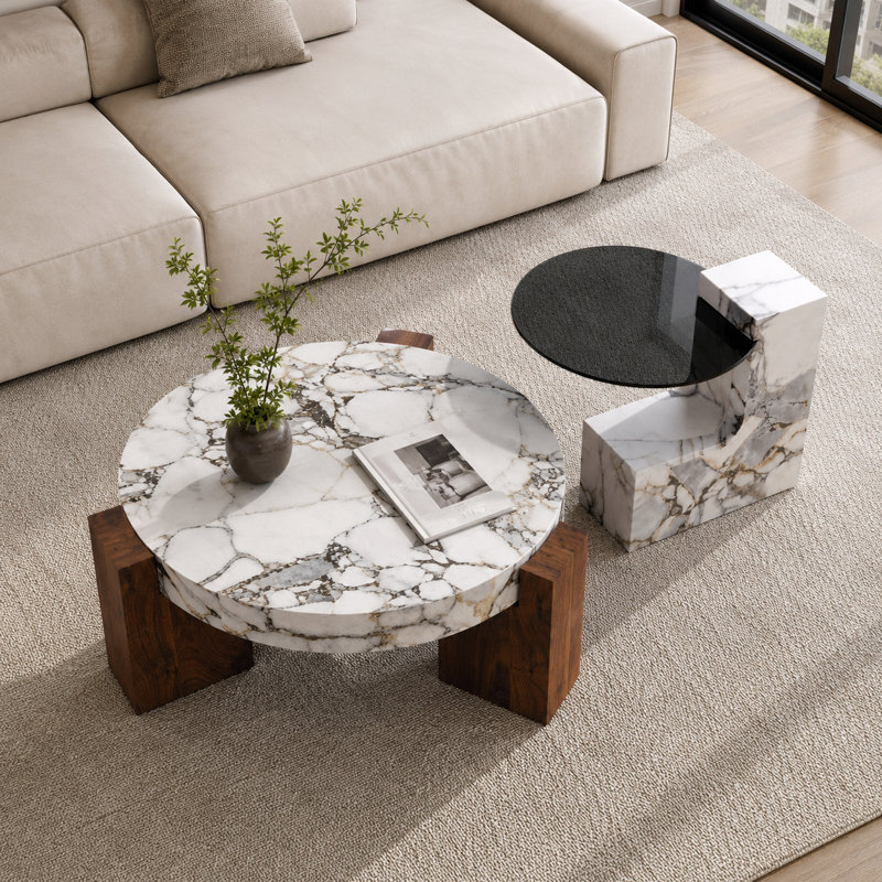 Ensemble de 2 tables basses gigognes comprenant une table ronde en MDF effet marbre et une table d'appoint en verre, tables d'appoint modernes et peu encombrantes