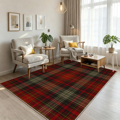 Cream Plaid Christmas Tartan Autumn Brown Fall Holiday Beige Black Brass Machine Washable Indoor Area Rug