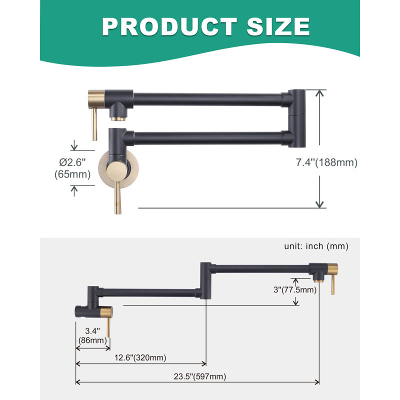 Wall Mounted Pot Filler With Double Handle In Black And Gold, Black and Gold