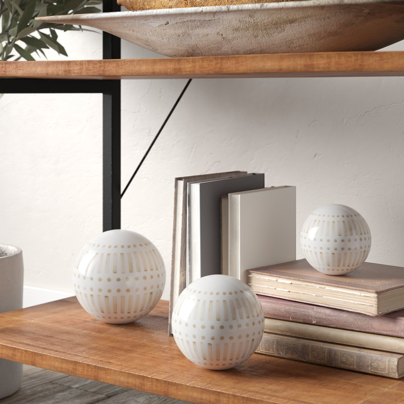 Neutral Modern Line Design Decorative Orb Set of 3, Tan