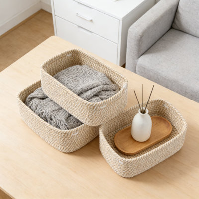 Ensemble de 3 petits paniers de rangement tissés à la main en corde de coton naturel avec poignées pour tablettes, placard, chambre de bébé et décoration intérieure