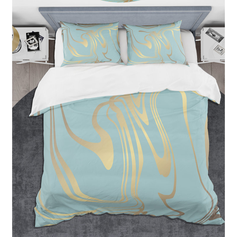 Golden Marble Design I - Ensemble de housse de couette abstrait Glam - Microfibre de polyester