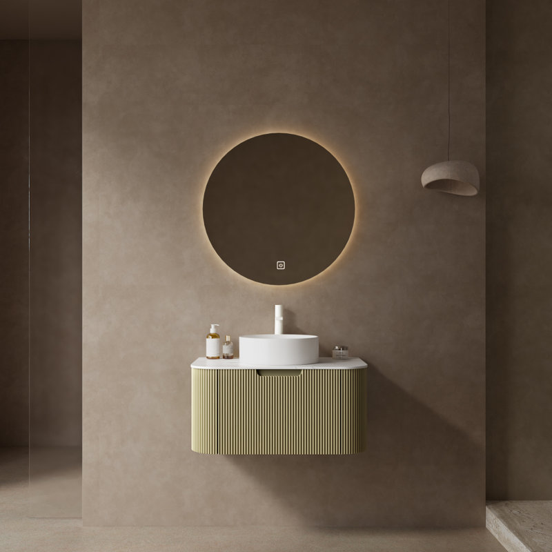 Armoire de salle de bain et évier de salle de bain de 30 po avec tiroir, lavabo en contreplaqué rayé à bords arrondis avec tiroir, lavabo rond en céramique blanche et plateau en pierre frittée blanche de Carrare, pré-assemblé, couleur vert clair