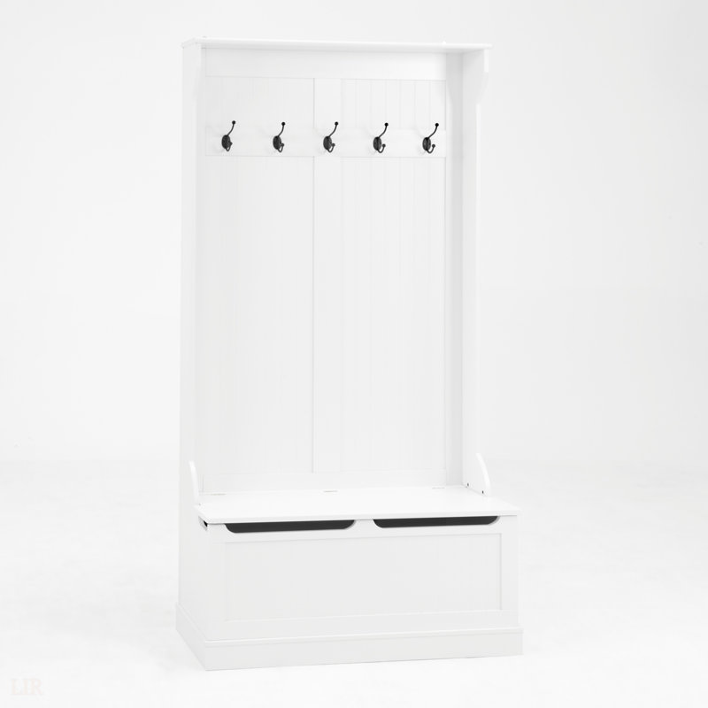 Entryway Bench With Standing Coat Rack And Shoe Storage, Hall Tree Organizer With 5 Hooks For Efficient Space Utilization, White