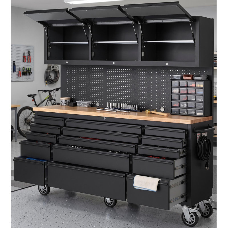 72-Inch Rolling Tool Cabinet with 15 Drawers, 3 Top Cabinets & Pegboard, Mobile Steel Garage Organizer with Anti-Slip Liner, Lockable Storage Chest for Warehouse Repair Shop