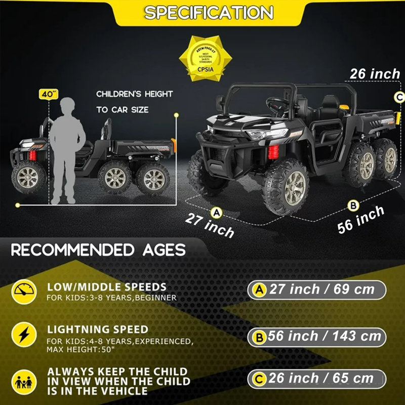 24V 4WD 2 Seater 6-Wheel Ride on Dump Truck W/ Remote Control,Electric Dump Bed&Shovel,Bluetooth, Black