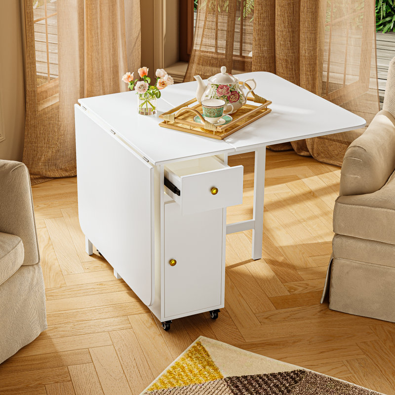 Foldable Dining Table For Small Space, Rectangular Wood Folding Extendable Kitchen Table With Drop Leaves, No Assembly Required