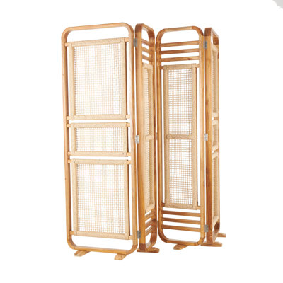 Teak Wood Handmade Hinged Foldable Partition 4 Panel Brown Partition Room Divider Screen With Woven Rattan Panels