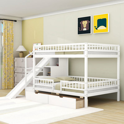 Lit superposé en bois avec escalier de rangement, glissade et 2 tiroirs