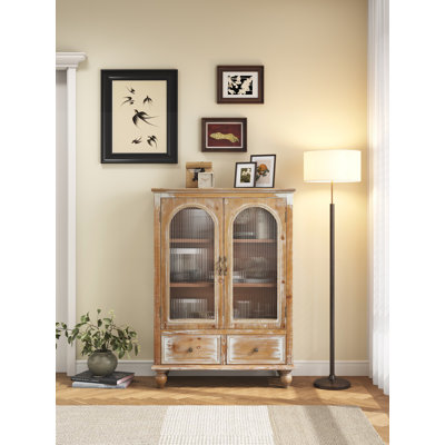 Farmhouse Storage Cabinet, Distressed Wood Kitchen Pantry with 2 Glass Doors & 2 Drawers, Rustic Freestanding Buffet Cupboard with Shelves for Living and Dining Rooms