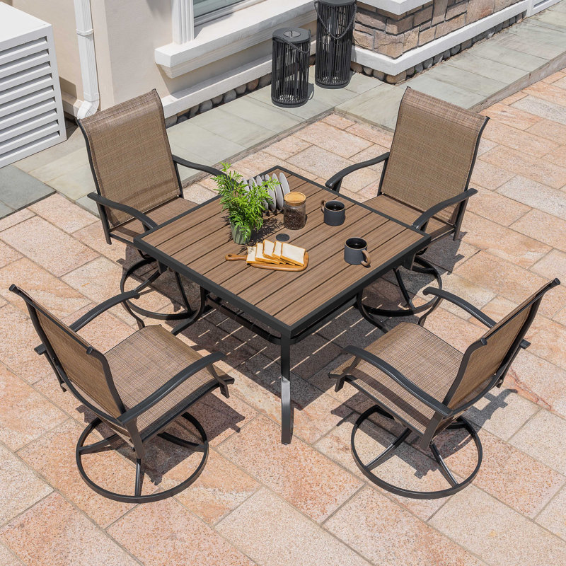  5-piece Patio Outdoor PVC-coated polyester And Metal Dining Set With Umbrella Hole and Faux Wood Tabletop