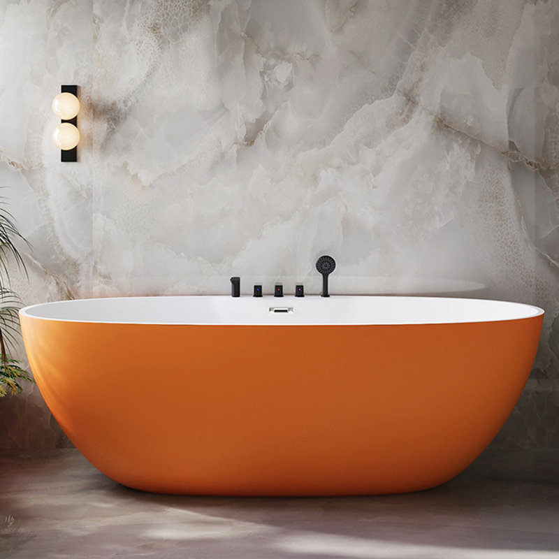 Modern Minimalist Acrylic Freestanding Soaking Bathtub with White Inside and Orange Outside for Bathroom