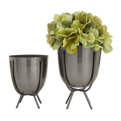 2 Piece Metal Small Indoor Outdoor Planter with Removable Stand Set