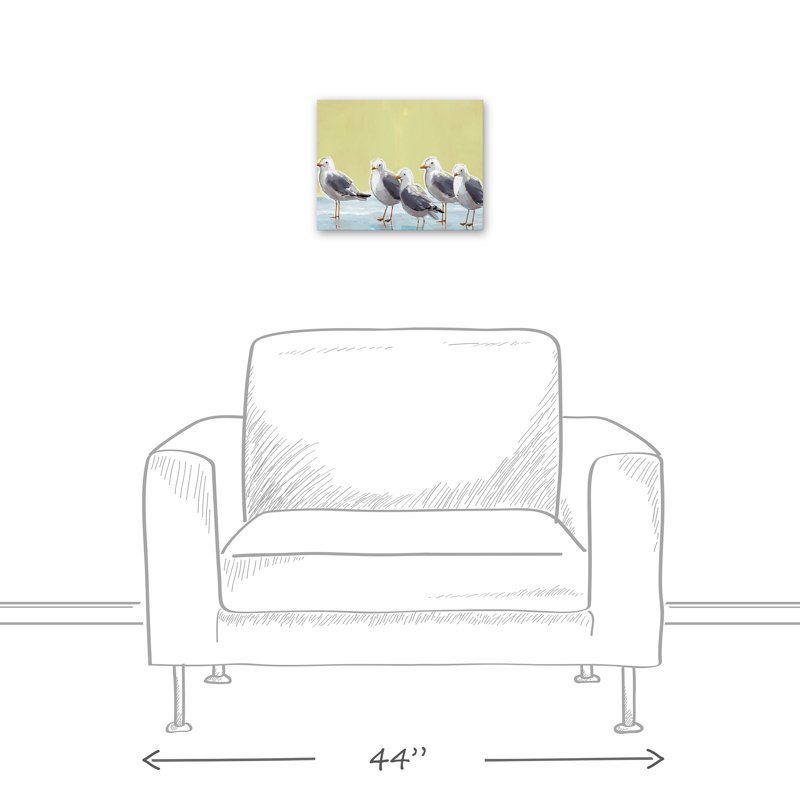 Mouettes sur fond jaune sur toile, H 11 po x l 14 po x P 1,25 po, Toile tendue
