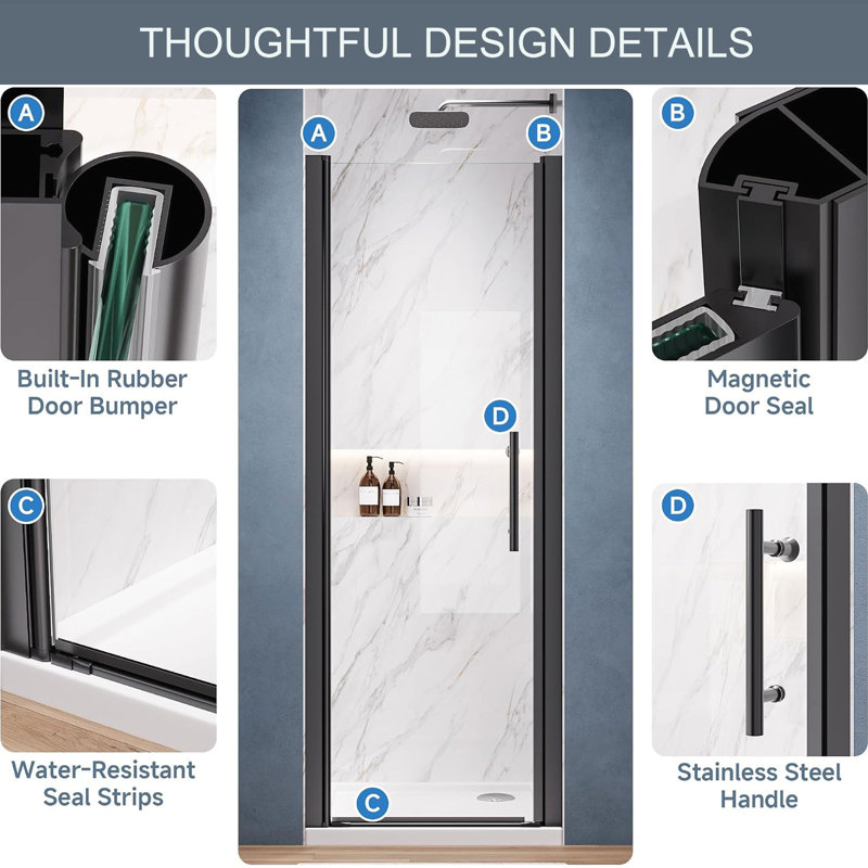 34 in. W x 75 in. H Pivot Frameless Shower Door with Clear Glass